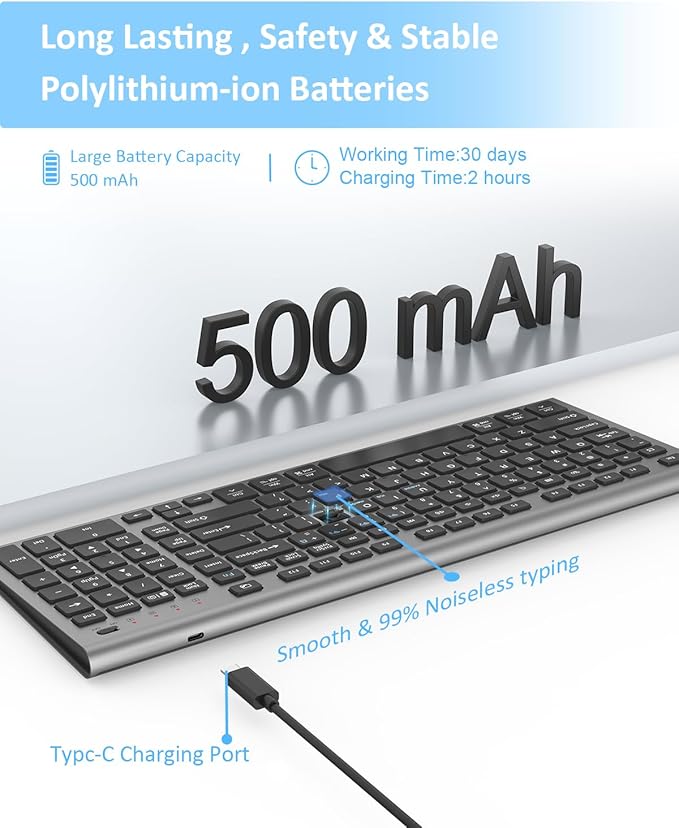 FENIFOX Wireless Keyboard, Bluetooth + USB Ergonomic Silent Quiet Rechargeable with Number Pad Compact Full Size Multi Device Keyboards for iPad Tablet Mac Computer Surface PC MacBook Laptop Blcak-DeskLoop Office