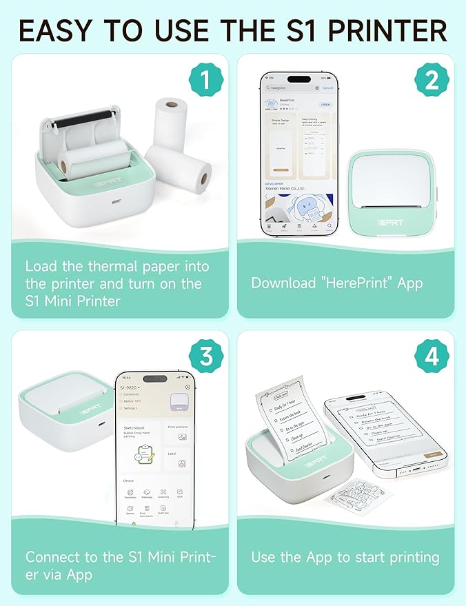 iDPRT Portable Sticker Maker Machine with 1 Roll Sticker Paper, Mini Printer Efficiently and Quickly, Thermal Printer for Study Notes, Pictures, DIY, Label, Free App with Multiple Templates, Green-DeskLoop Office