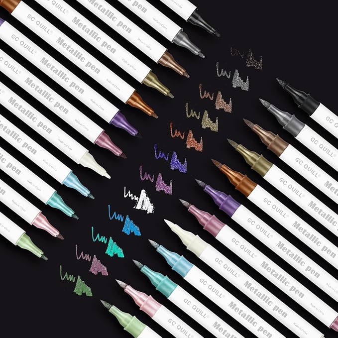 GC QUILL 12 Colors Metallic Marker Pens - Dual Tip Brush and Fine Point Pens for DIY Album, Black Cards, Scrapbooking, Craft Supplies, on Ceramic, Stone, Glass, Fabric GC-MP12-DeskLoop Office