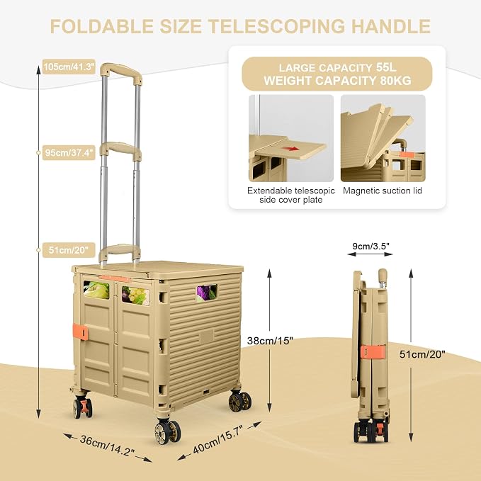 FELICON SELORSS Folding Utility Cart Portable Rolling Crate Handcart-Khaki | - Image 4