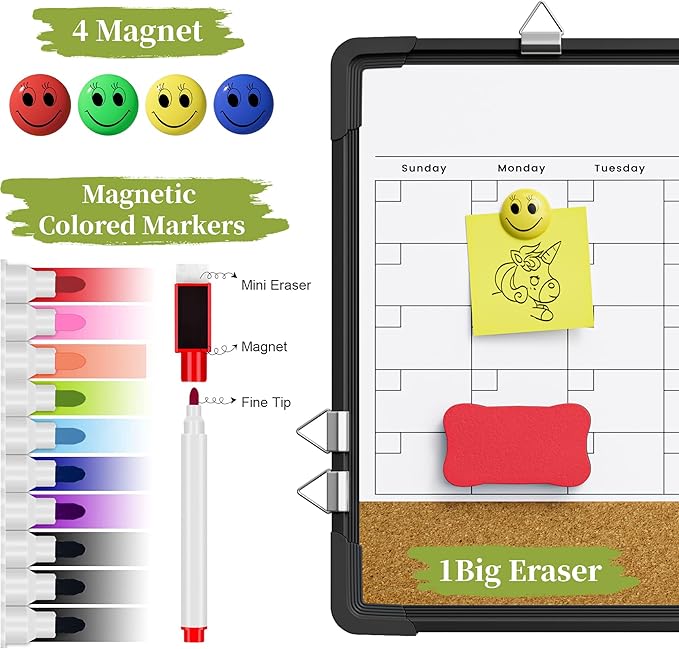 Dry Erase Calendar White Board for Wall, Polegas 17" X 13" Magnetic Whiteboard Dry Erase Cork Board Combination, Small Wall Monthly Double Sided Boards Student, Home, Office (Black)-DeskLoop Office