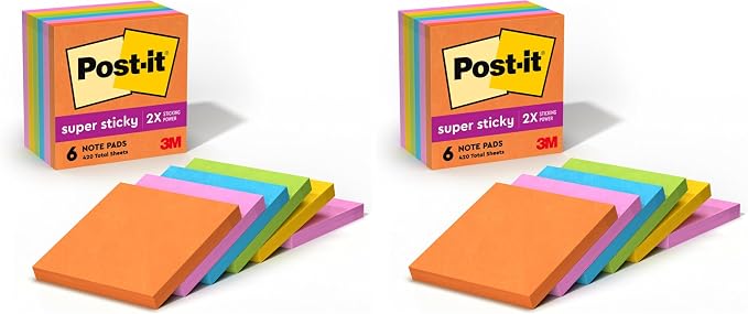 Post-it Super Sticky Notes, 3x3 in, 2X The Sticking Power, Energy Boost by Unknown