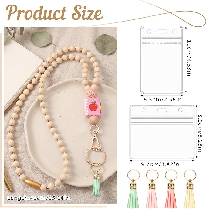 Teacher Lanyard with ID Holder Cute Wooden Beaded Lanyards - Image 2