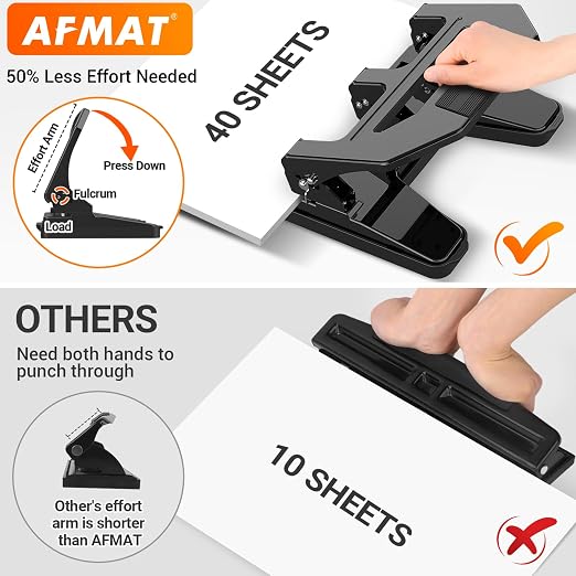 AFMAT Heavy Duty 3 Hole Puncher, 40-Sheet Paper Punch Heavy Duty, 50% Reduced - Image 2