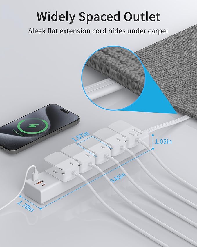 Flat Plug Power Strip, 6 Ft Ultra Thin Flat Extension Cord, Surge Protector with 5 Outlets & 3 USB Ports (2 USB C), 1700 Joules, Wall Mount, Desktop Charging Station for Home Office Dorm, White-DeskLoop Office
