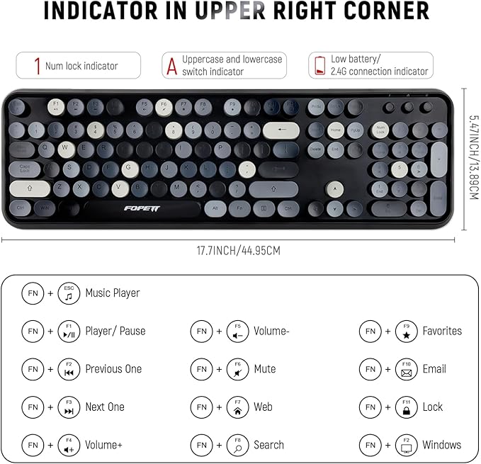 FOPETT Wireless Keyboard and Mouse Combo - 2.4G Full-Sized Cute Colorful Retro Keyboard with Round Keycaps 104 Keys Typewriter Keyboard for Laptop/Windows/PC - Grey Colorful-DeskLoop Office
