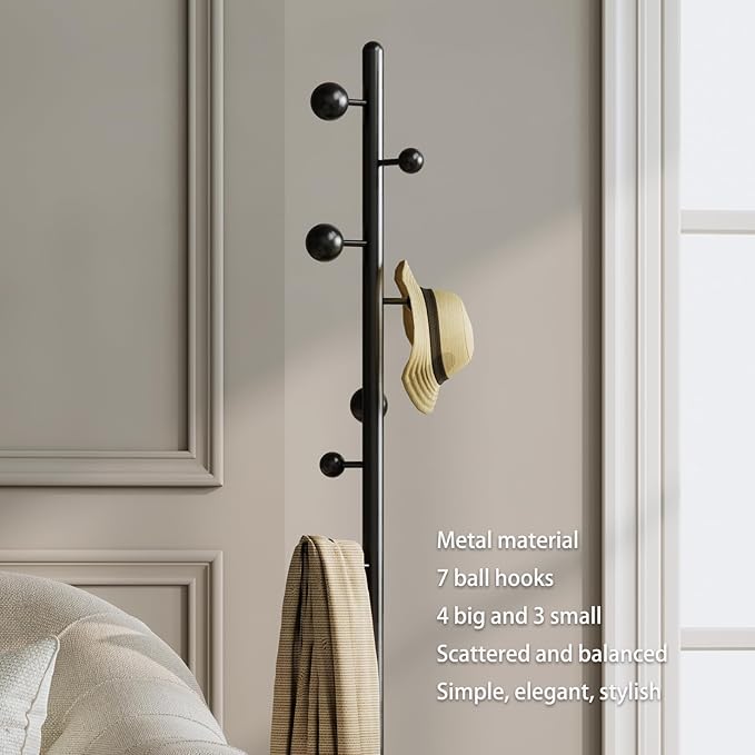 Metal coat rack stand with geometric shape metal base,Heavy duty coat rack freestanding with 7 ball hooks,Coat racks tree hats hanger holder stand for entryway, hallway, bedroom-DeskLoop Office