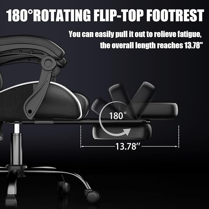 Gaming Chair, Ergonomic Office Computer Chair with Footrest and Lumbar Support Massager Racing Style High Back Video Gamer Chair, Wide＆Thick Cushion, 90°-135° Recline, Adjustable Height, White-DeskLoop Office