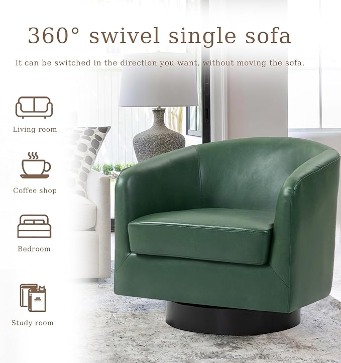 UIXE Faux Leather Swivel Accent Chair with Wood Base, Modern Upholstered Barrel Chairs for Living Room, Comfy Round Armchair Single Sofa Bedroom Reading Seat - 31" W, Green-DeskLoop Office