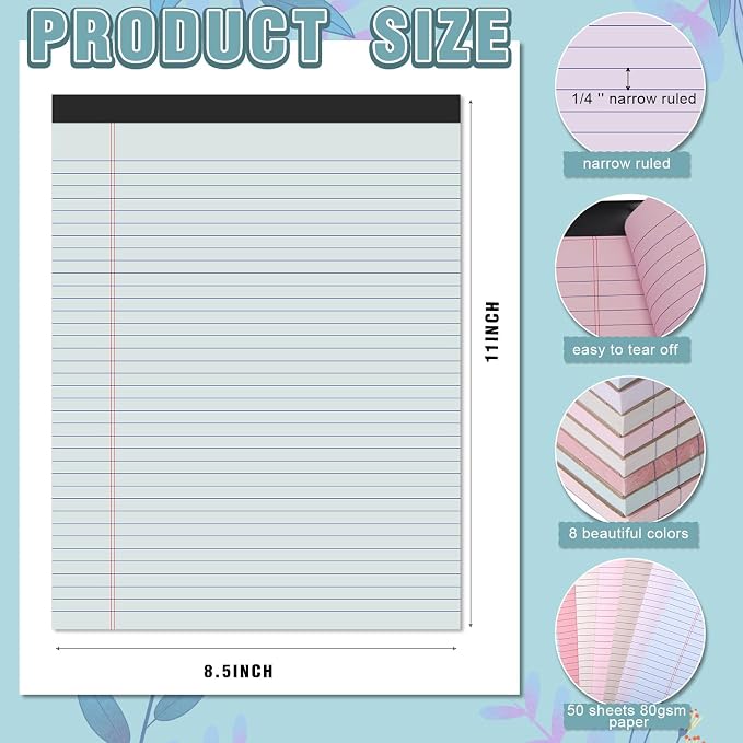 Fuutreo 8 Pcs Legal Pads 8.5 x 11 Colored Note Pads 50 Sheets Per Narrow Ruled - Image 2