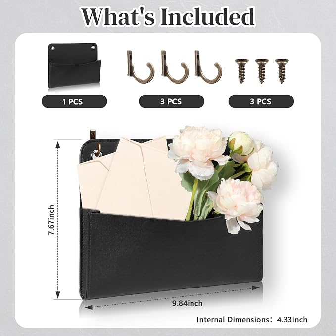 Wall Mount PU Leather Mail Holder Black Faux Leather Letter Holder 2 Ring 9.8" - Image 2
