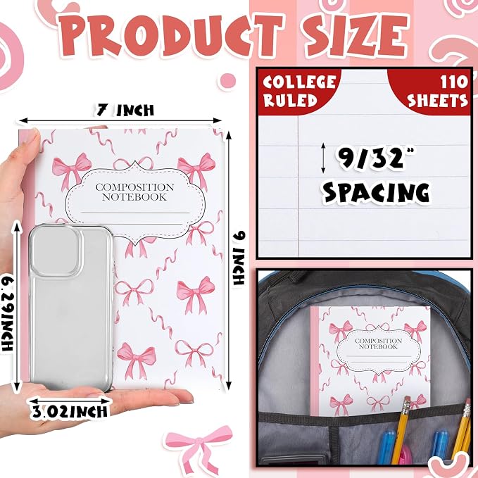 Fullhawl 6 Pack Composition Notebook College Ruled Bulk Pink Bow Composition - Image 2