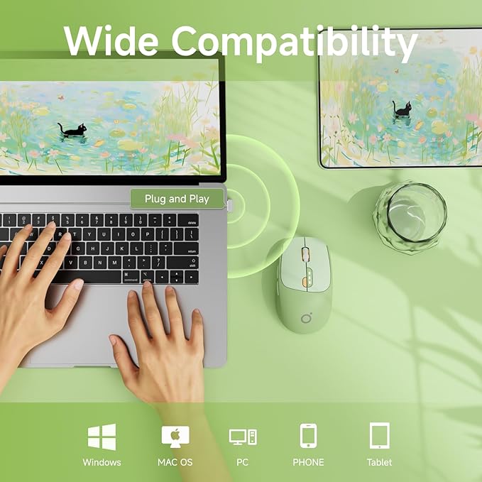 EWEADN Q5 Wireless Mouse, Bluetooth & 2.4G Quiet Computer Mouses with 1600 DPI, Battery Level Display, Ergonomic Office Mouse,6 Button Portable Cute Cordless Mice for Laptop/PC/Mac- Green-DeskLoop Office