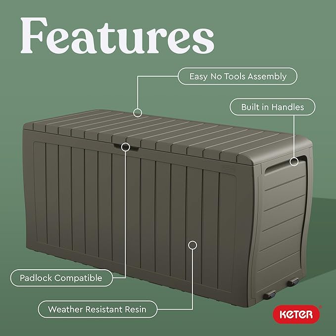 Keter Marvel Plus 71 Gallon Resin Deck Box-Organization and Storage for Patio Furniture Outdoor Cushions, Throw Pillows, Garden Tools and Pool Floats, Mossy Brown-DeskLoop Office
