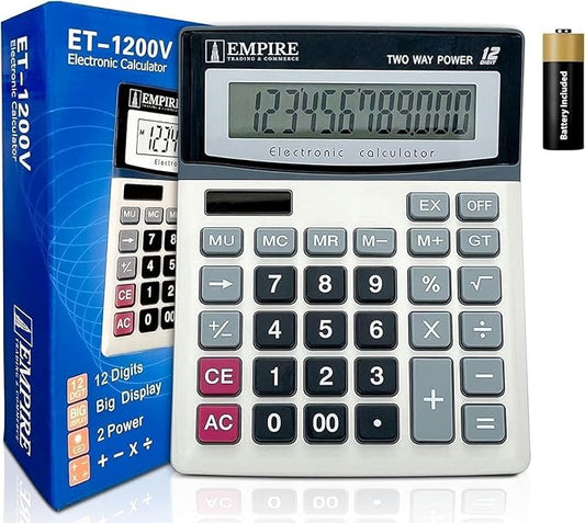 Empire Desk Calculator with Large Key Buttons, 12 Digits, Large Eye-Angled Display, Solar and Battery Powered for Home and Office (Battery Included)-DeskLoop Office