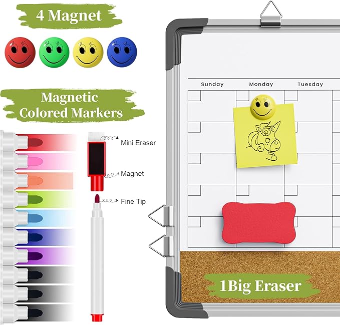 Dry Erase Calendar White Board for Wall, Polegas 17" X 13" Magnetic Whiteboard Dry Erase Cork Board Combination, Small Wall Monthly Double Sided Boards Student, Home, Office (White)-DeskLoop Office