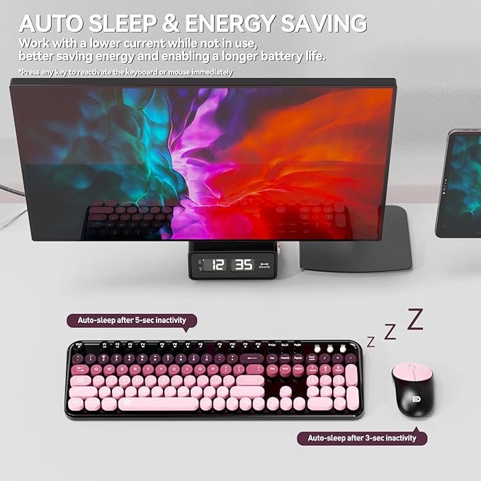 FD Wireless Keyboard and Mouse Combo - 2.4G Full-Sized Cute Colorful Mouse and Keyboard with 104 Round Keys Retro Typewriter Keyboards for Laptop/Windows/PC - Pink Gradient-DeskLoop Office