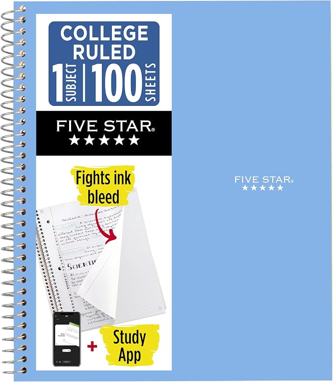 Five Star Spiral Notebook + Study App, 1 Subject, College Ruled Paper, 8.5" x by FiveStar