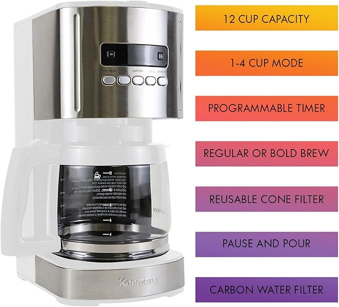 Kenmore drip Coffee Maker - 12 Cup programmable cafe machine with glass pot, regular & bold brew, auto shut off large water reservoir, reusable filter, kitchen appliances for cafeteria barista, White-DeskLoop Office