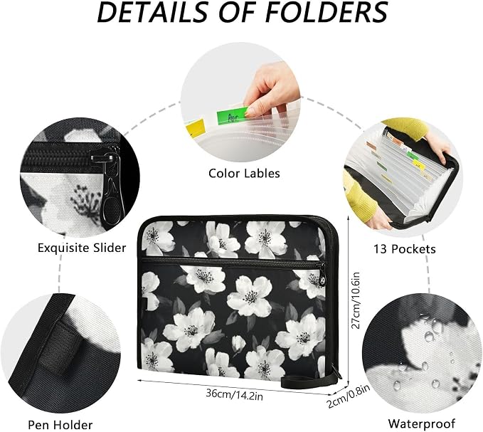 Black White Flowers Accordion File Organizer Expanding Document Folder - Image 3