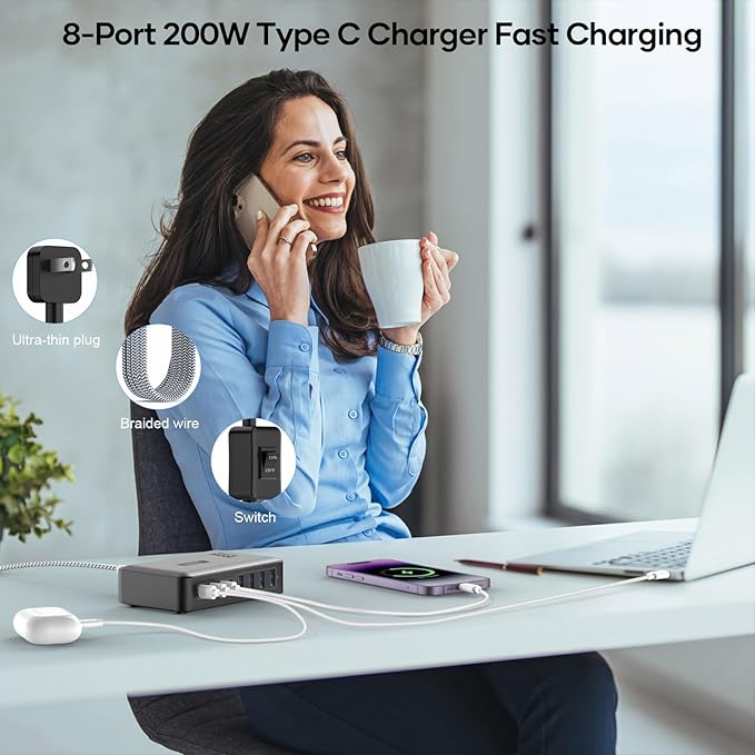 USB C Fast Charger Block 200W, 8 Ports Charging Station for iPhone/Ipad/MacBook, 4C4A GaN Charger Box, Flat Plug Multi Chargers for All Devices 5ft Braided Power Cord with On/Off Switch-DeskLoop Office