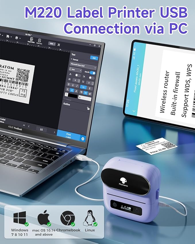 Phomemo M220 Label Maker, Bluetooth Thermal Label Maker Machine for Barcode, Address, Home, Mailing, Small Business,Clothing, Portable Wireless Printer with 1 Rolls Label, Purple-DeskLoop Office
