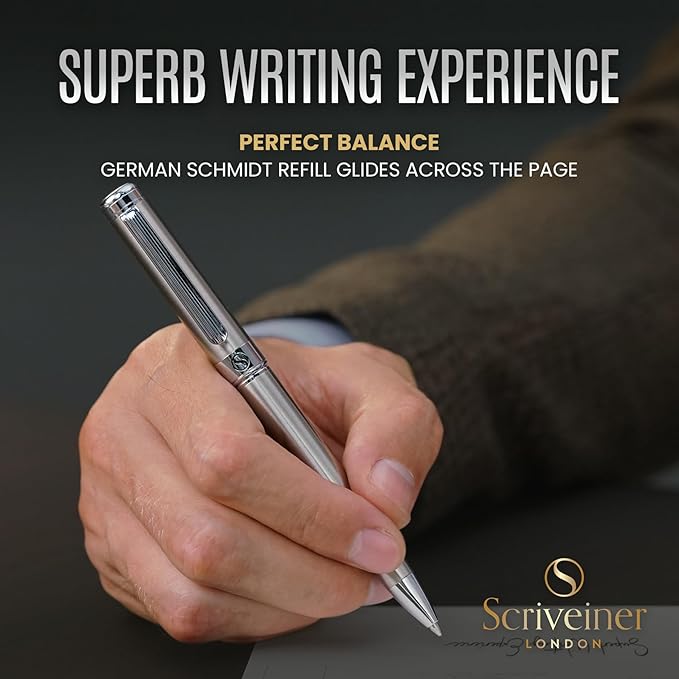 Scriveiner Stainless Steel Ballpoint Pen - Stunning Luxury Pen with Stainless Steel Finish, Schmidt Black Refill, Best Ball Pen Gift Set for Men & Women, Professional, Executive, Office, Nice Pens-DeskLoop Office
