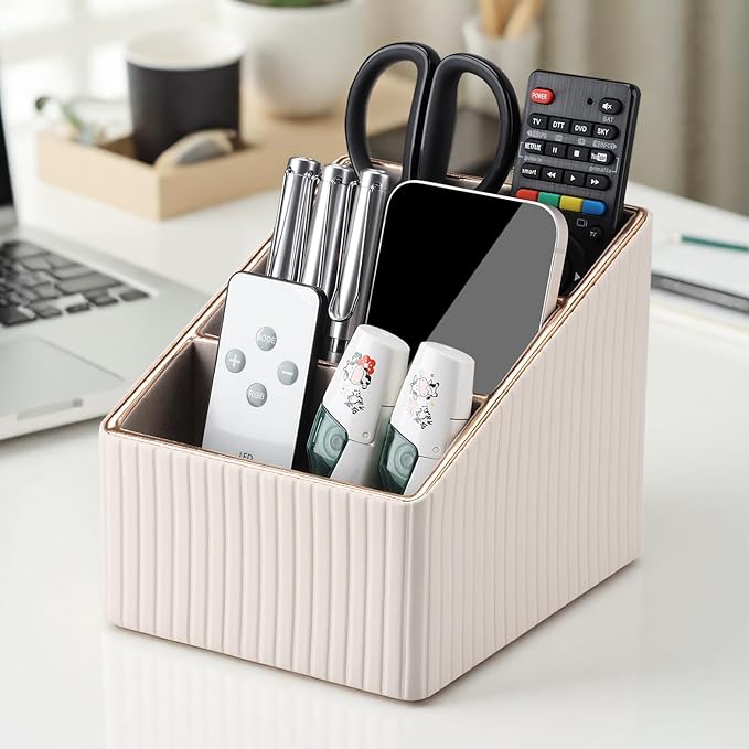 KINGFOM Remote Control Holder with 3 Compartments, Pu Leather Remote Caddy Desktop Organizer for TV, CD, Blu-Ray, Media Player, Heater Controllers and Cosmetics Office Supplies Light Beige-DeskLoop Office