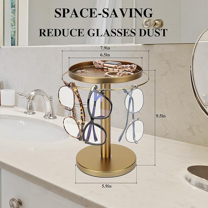 360° Rotating Sunglass Organizer Storage, Stainless Steel Glasses Holder Stand, Glasses Organizer with Tray for Desk, Dresser, Tabletop, Nightstand and Home Decor (Gold)-DeskLoop Office