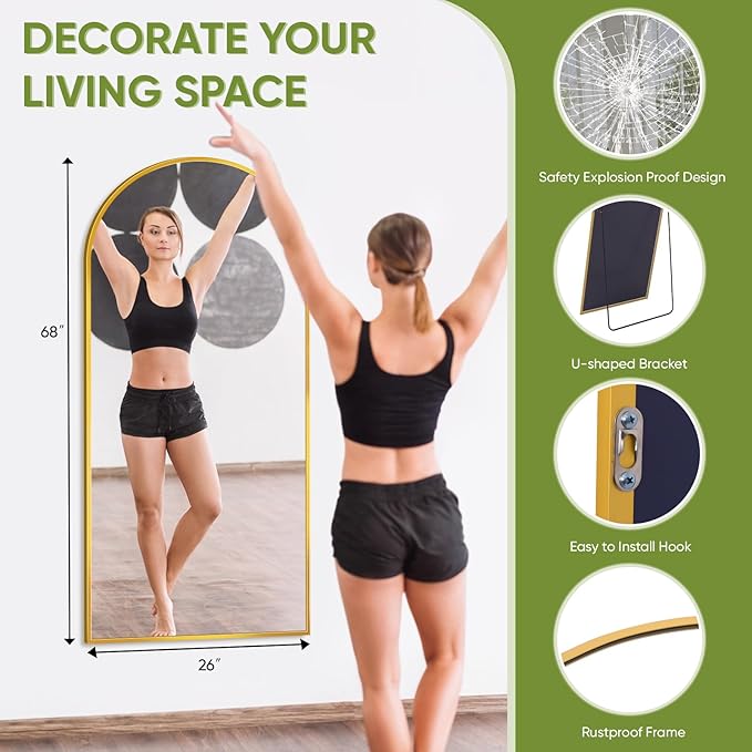 Full-Length Floor Mirror with Stand, 68"x26" Arched Style Full Body Standing Mirror for Bedroom, Living Room, Gym, Dorm - Shatter-Resistant & Easy Assembly, Gold-DeskLoop Office