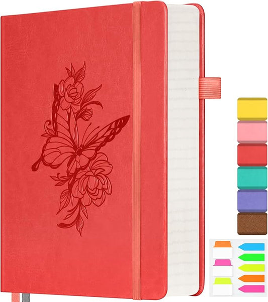 Lined Notebook Journal for Women, 312 Numbered Pages A5 Thick Leather Journal, 100gsm Paper Daily Journal for Work Travel, Hardcover College Ruled Notebook, Giftable Butterfly Floral Notebook, Red-DeskLoop Office