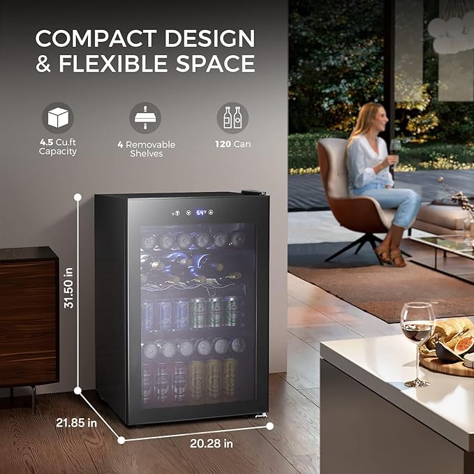 Kismile 4.5 Cu.ft Beverage Refrigerator and Cooler, 145 Can Mini Fridge Glass Door,Digital Temperature Display for Soda, Beer or Wine, Small Drink Dispenser Cooler for Home, Office or Bar(Black)-DeskLoop Office