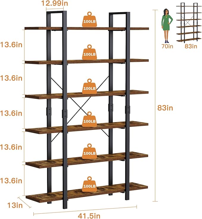 FRAPOW Bookshelf, 6 Tier Book Shelf 83Inch Tall Bookcase, Industrial Large Bookshelves Rustic Book Case with Open Metal Frame for Office, Bedroom, Farmhouse, Living Room-DeskLoop Office