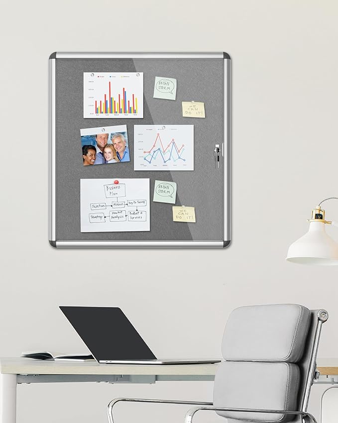 28"x26" Enclosed Bulletin Board, Lockable Weather-Resistant Aluminum Cork Noticeboard for School & Office, Silver Frame w/Grey Flet-DeskLoop Office
