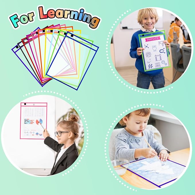 50 Packs Dry Erase Pocket Sleeves, Reusable Clear Plastic Classroom Sleeves - Image 6