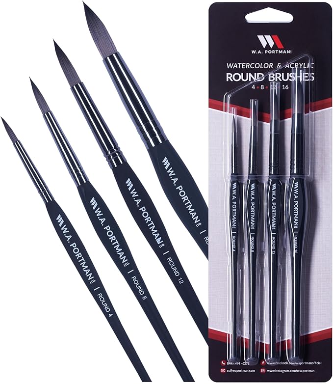 WA Portman Round Acrylic and Watercolor Paint Brushes 4pc Set - 100% Vegan, Cruelty-Free Round Paint Brushes for Acrylic Painting and Watercolor Painting with Triangular Comfort Grip-DeskLoop Office