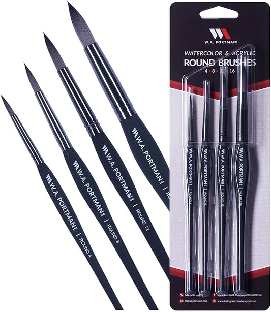 WA Portman Round Acrylic and Watercolor Paint Brushes 4pc Set - 100% Vegan, Cruelty-Free Round Paint Brushes for Acrylic Painting and Watercolor Painting with Triangular Comfort Grip-DeskLoop Office
