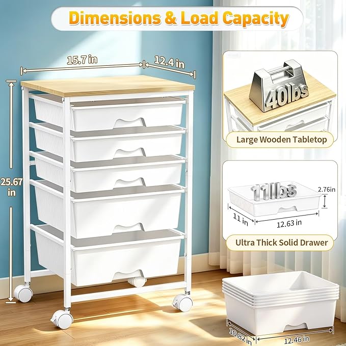 SUNALLY Rolling Carts With 5 Drawers, Storage Drawer Carts with Wooden Tabletop - Image 2