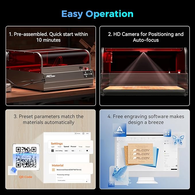 Creality Laser Engraver Faclon2 Pro S 22W Desktop Diode Laser Cutter and Engraver Machine with Enclosure,Smart Camera,Air Assist, Auto Focus Engraving Machine-DeskLoop Office