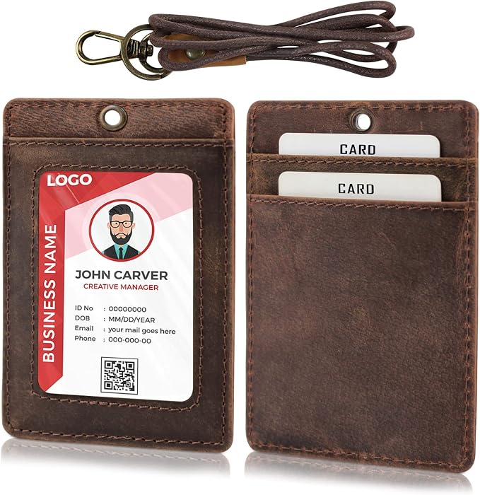 Boshiho Vertical Style Cowhide Leather ID Card Badge Holder by boshiho