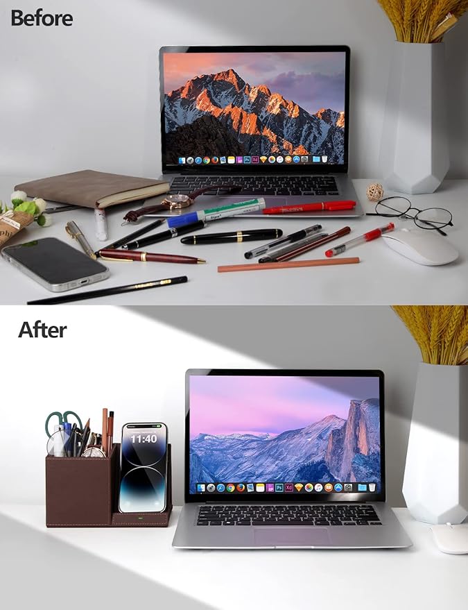 2-in-1 Pen Holder with Wireless Charger, Compatible with iPhone 16/15/14/13/12/11/8 Series, Pencil Holder Phone Stand for Desk Home Office, Men Gift Husband Wife Anniversary Dad Birthday Idea Gadget-DeskLoop Office