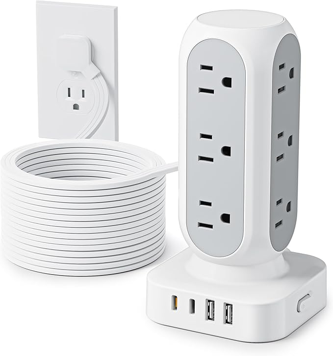 Flat Plug Power Strip Tower, 40W Total Fast Charging Station, Dual PD 20W USB-C Surge Protector with 12 AC Outlets and 8 USB Ports (4 USB C), 15FT Extension Cord for Home Office Dorm Room-DeskLoop Office