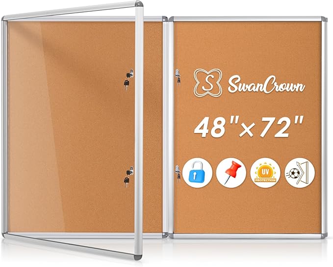 SWANCROWN Enclosed Bulletin Board 48x36 in, Tamperproof Lockable Cork Board Wall Display Case for Office School Home, Aluminum Frame, 2PCS-DeskLoop Office