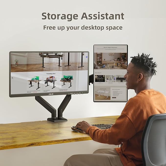 Claiks Dual Monitor Mount for 15-32 Screens, Ergonomic Gas Spring Monitor Arm for, Adjustable Computer Monitor Stand up to 40 lbs, with Clamp and Grommet Base, VESA Mounting Holes 75&100mm, Black-DeskLoop Office