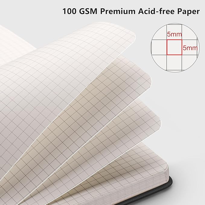 RETTACY Graph Grid Paper Notebook, 192 Pages, A5 Medium Size (5.7'' x 8.3''), 5 Squares per Inch, Leather Hardcover, 100 GSM Thick Paper, for School, Students, Math, Engineering (Black)-DeskLoop Office