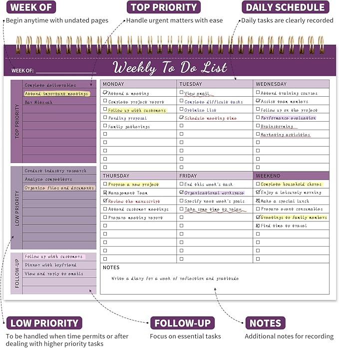 Weekly To Do List Notepad, 52 Undated Sheets （8.5"×11") Duplex-printed Weekly Planner Notepad For Work Home School Office Desk Accessories Supplies & Goal Setting Tasks - Purple-DeskLoop Office