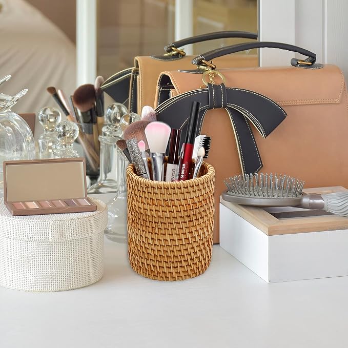 2 Pack Rattan Pencil Holder for Desk Handmade Pen Organizer Bucket Boho Desk - Image 8