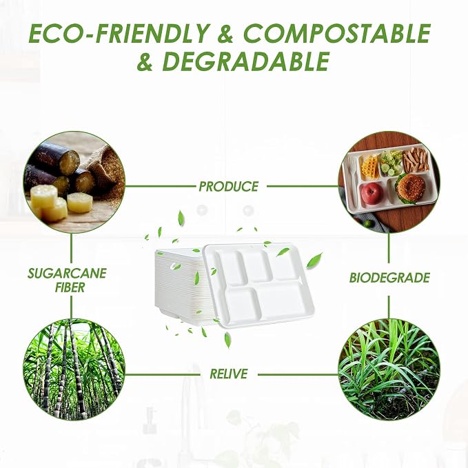 Vplus 100% Compostable 6 Compartment Plates, 90 Pack Compartment Paper Plate - Image 5