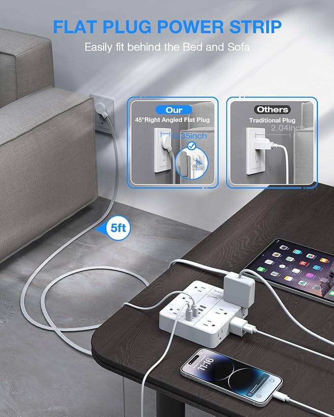 Flat Plug Power Strip Surge Protector, Flat Extension Cord Indoor 20 Feet， HUNIAN 12 Widely Spaced Outlets with 6 USB (2 USB C Ports), Desk Charging Station for Home Office Supplies, White-DeskLoop Office