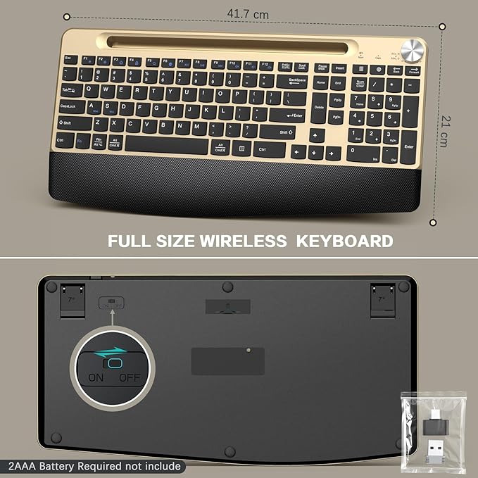 JOYACCESS Ergonomic Wireless Keyboard with Wrist Rest, Phone/Tablet Holder,Windows & Mac OS, 2.4 GHz Wireless, Full-Size,Quiet Keyboard Compatible for Laptop,PC, Mac, Windows -Black Glod-DeskLoop Office